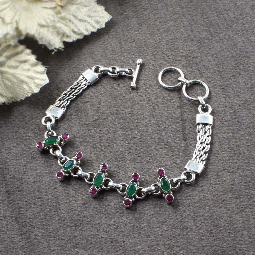 Indian Real Silver Cut Stone Oxidized Bracelet