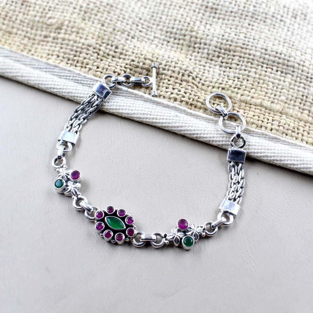 Indian Real Silver Cut Stone Oxidized Bracelet