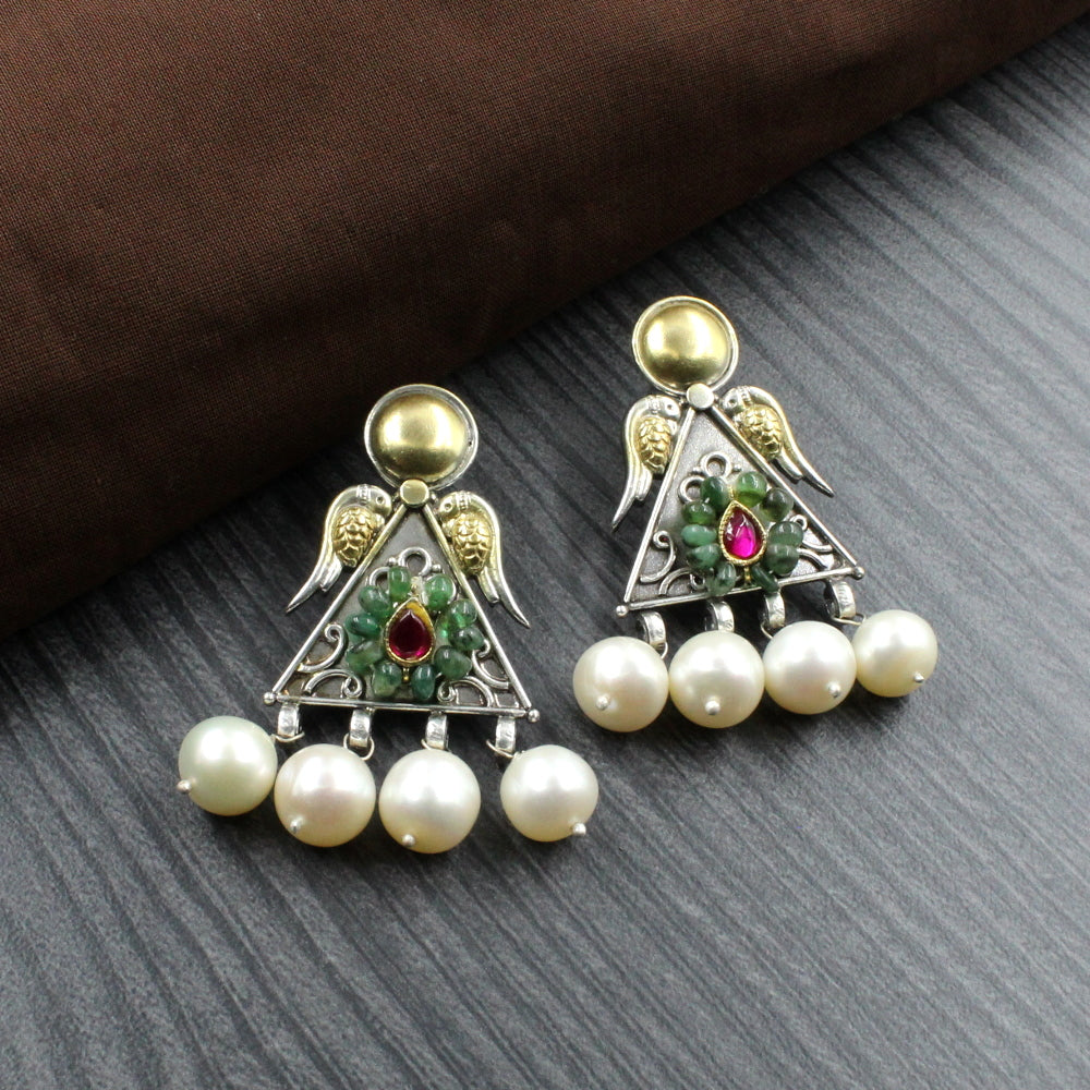 Real Silver Pearl Dual Tone Jhumka Earrings