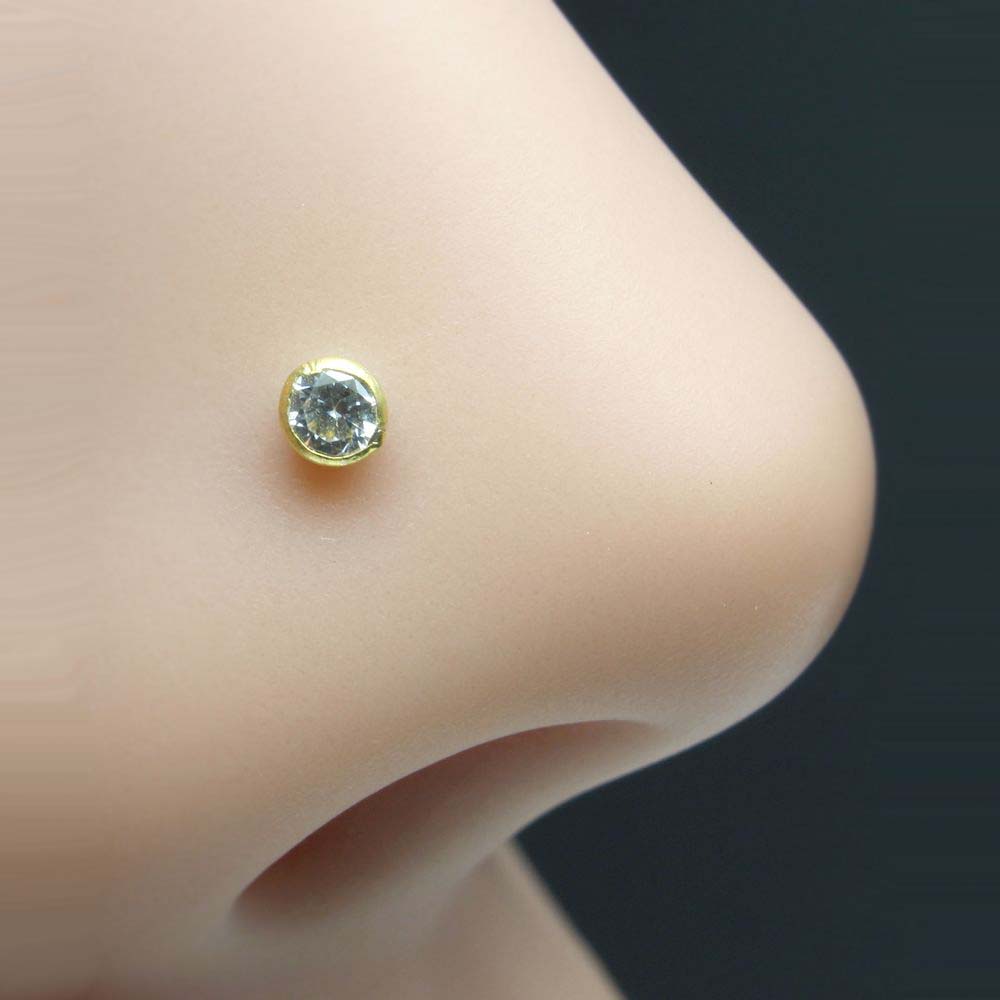 Tiny Single stone Nose Pin Solid 14k Yellow Gold from India