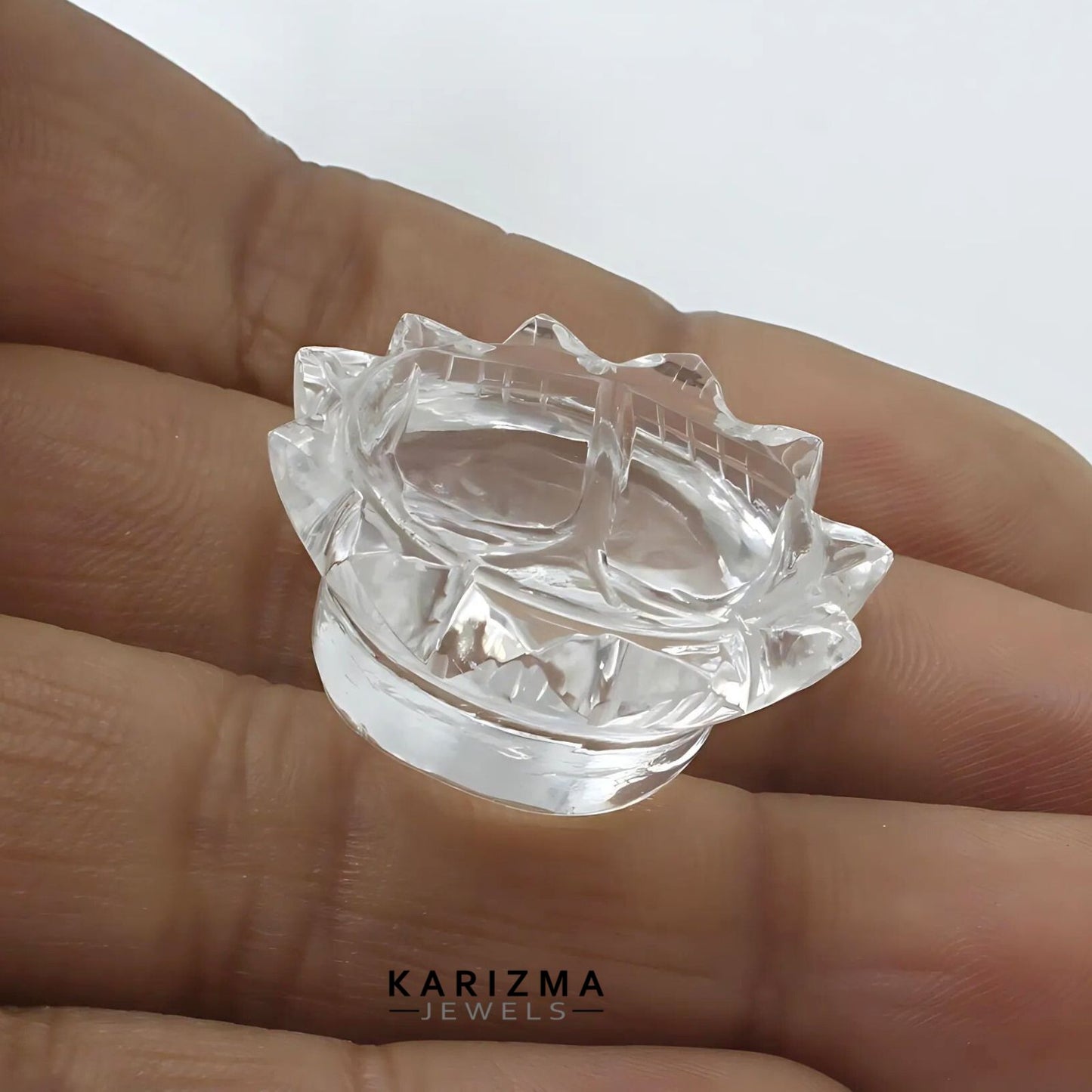 45CT Natural Crystal Quartz (Sphetic) Lotus Flower Laxmi Charan Paduka Religious Gift