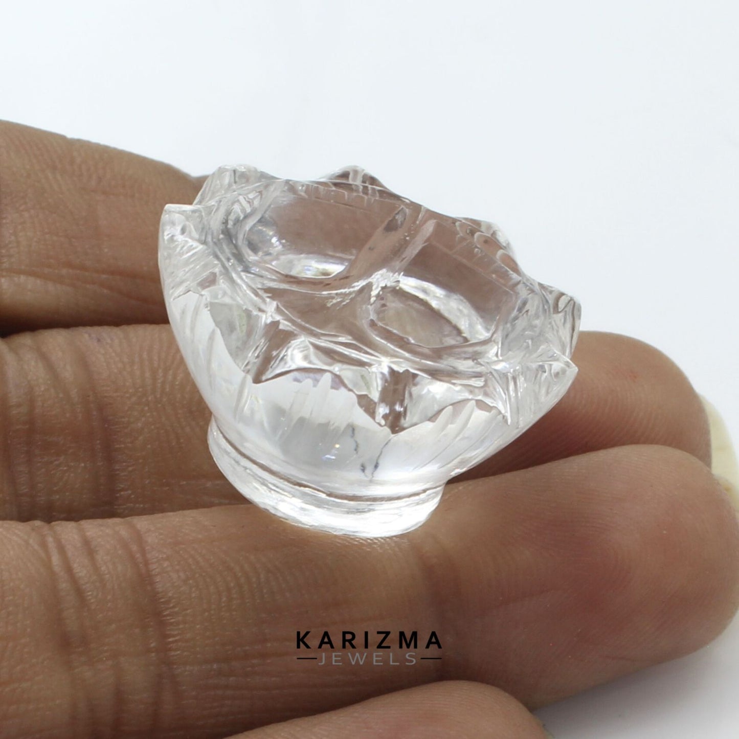 57.7Ct Natural Crystal Quartz (Sphetic) Lotus Flower Laxmi Charan Paduka Religious Gift