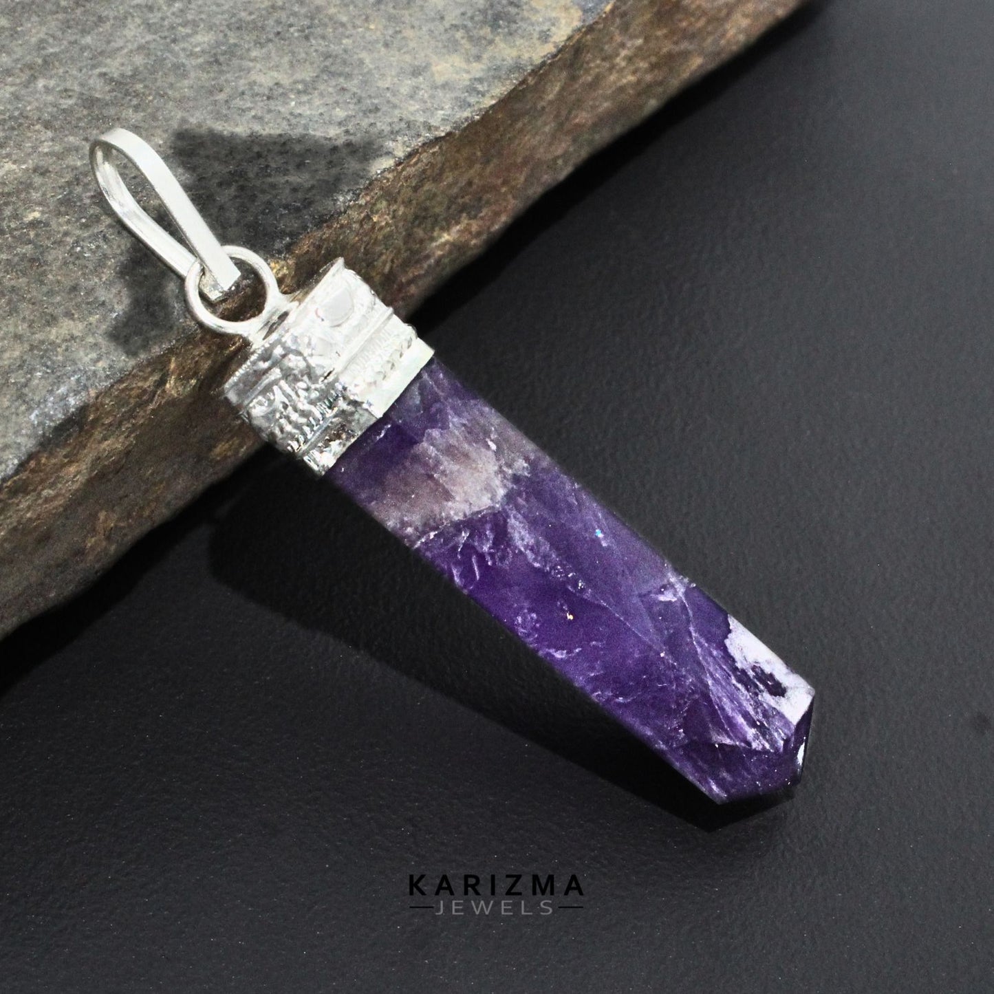25.5Ct Natural Purple Amethyst Gemstone Healing Point Pencil Pendant