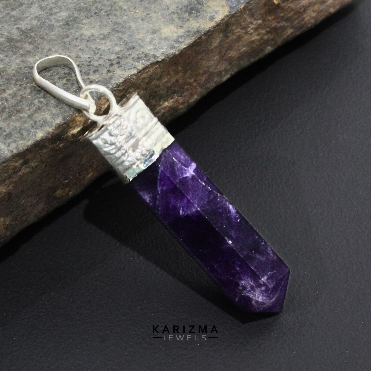 18Ct Natural Purple Amethyst Gemstone Healing Point Pencil Pendant
