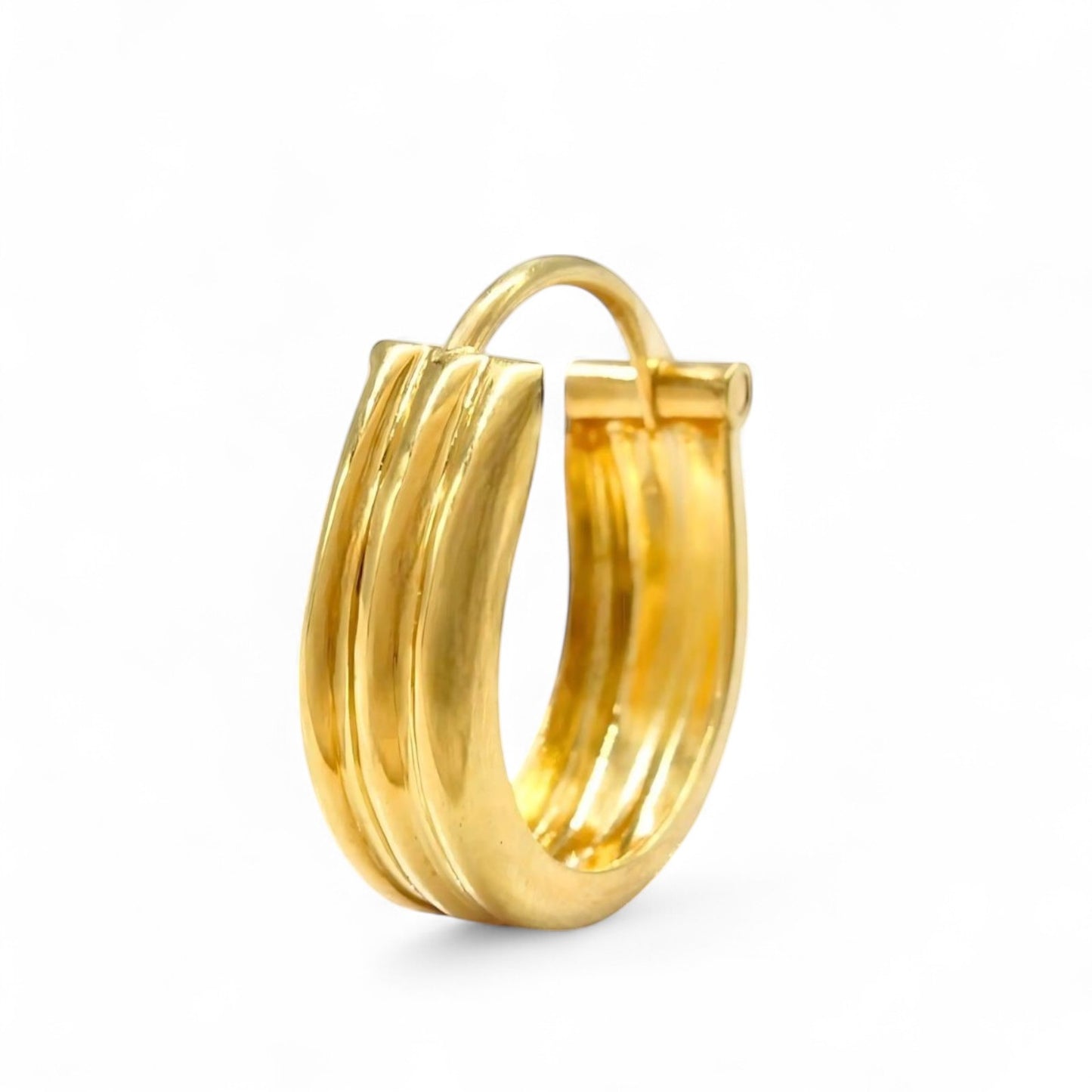18k Solid Yellow Gold Men Women hinged hoop Three Line EARRINGS