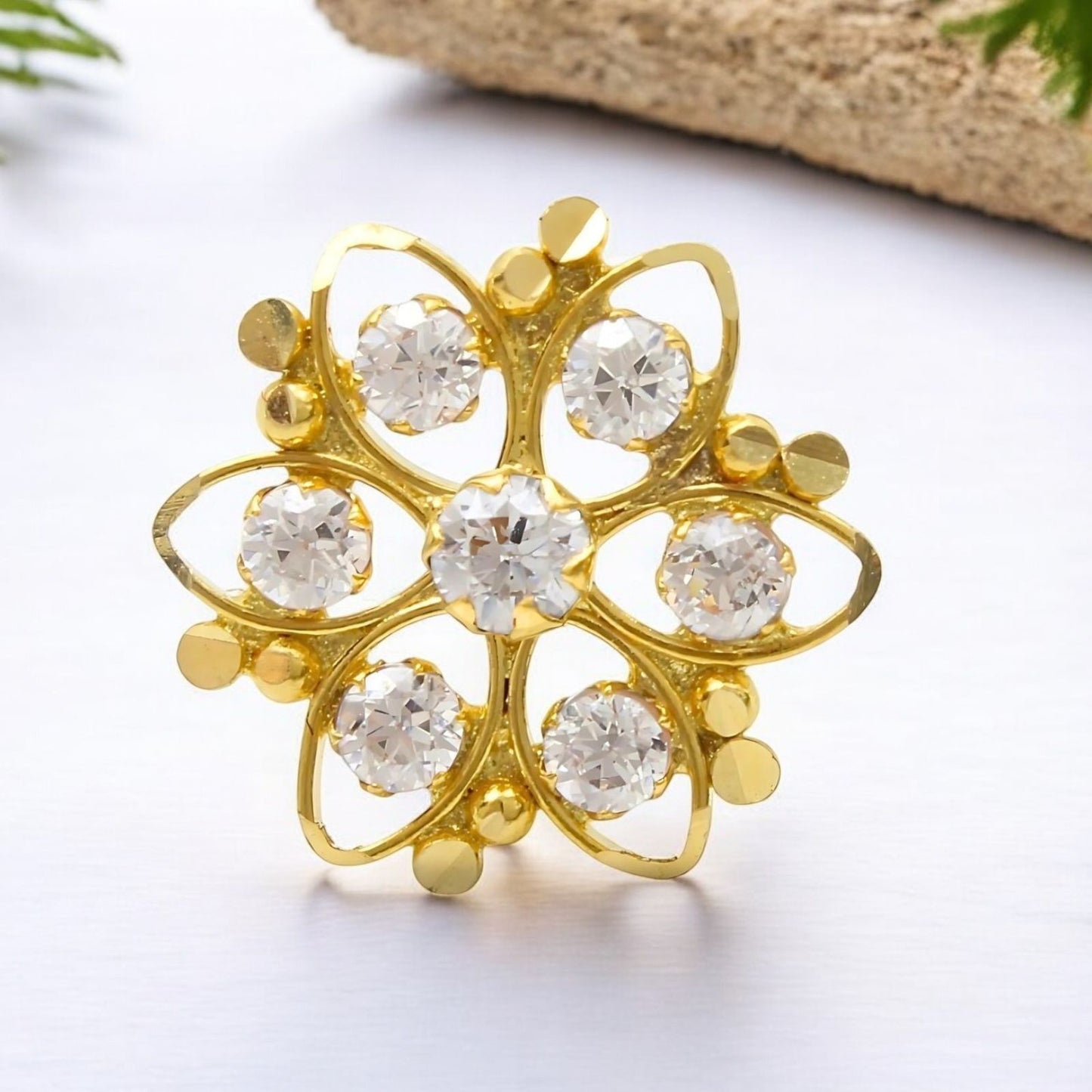 18K Real Gold Women White CZ Flower Nose Pin nose ring Push Pin