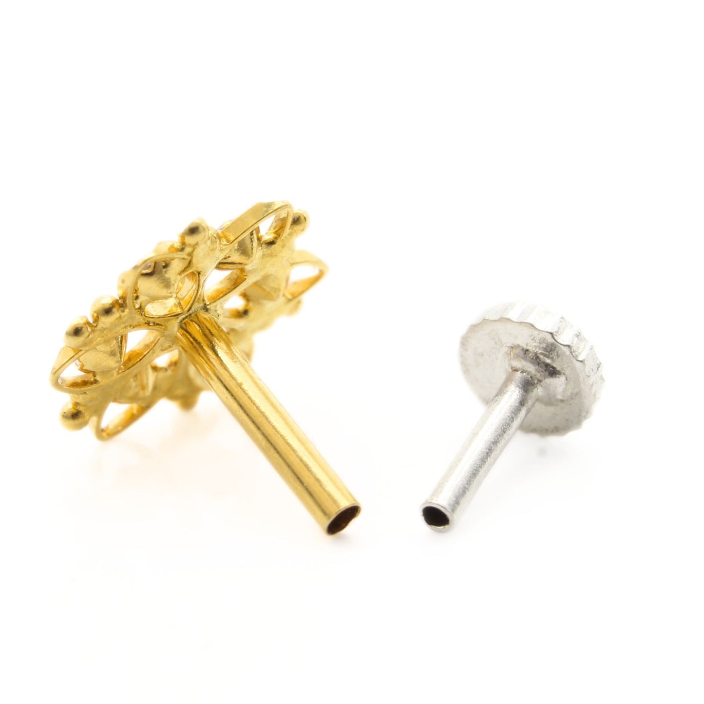 18K Real Gold Women White CZ Flower Nose Pin nose ring Push Pin