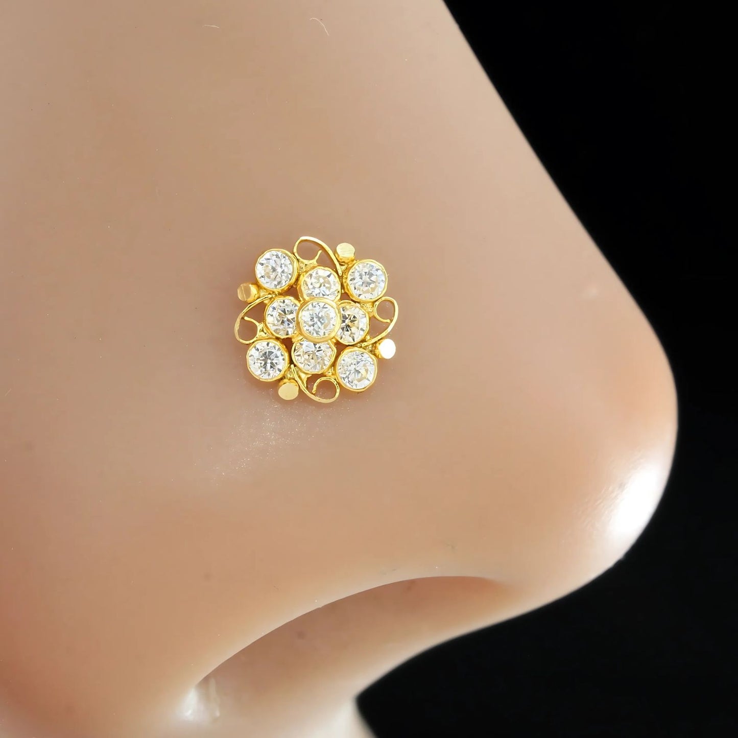 18K Real Gold Women White CZ Square daily use Nose pin nose ring Push Pin