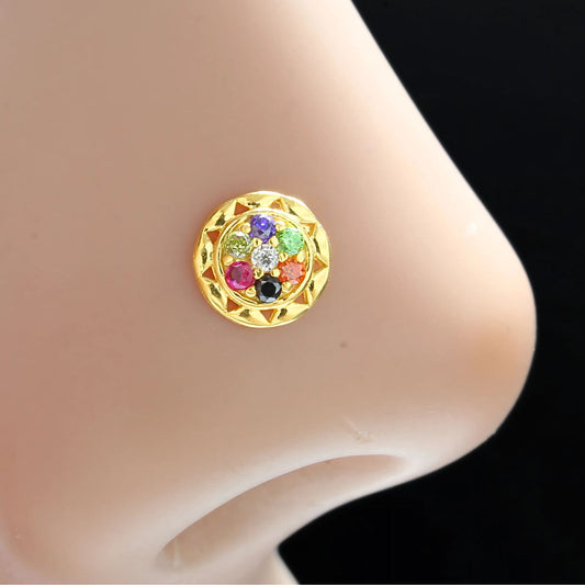 18K Real Gold Women Multi CZ party wear Nose pin nose ring Push Pin