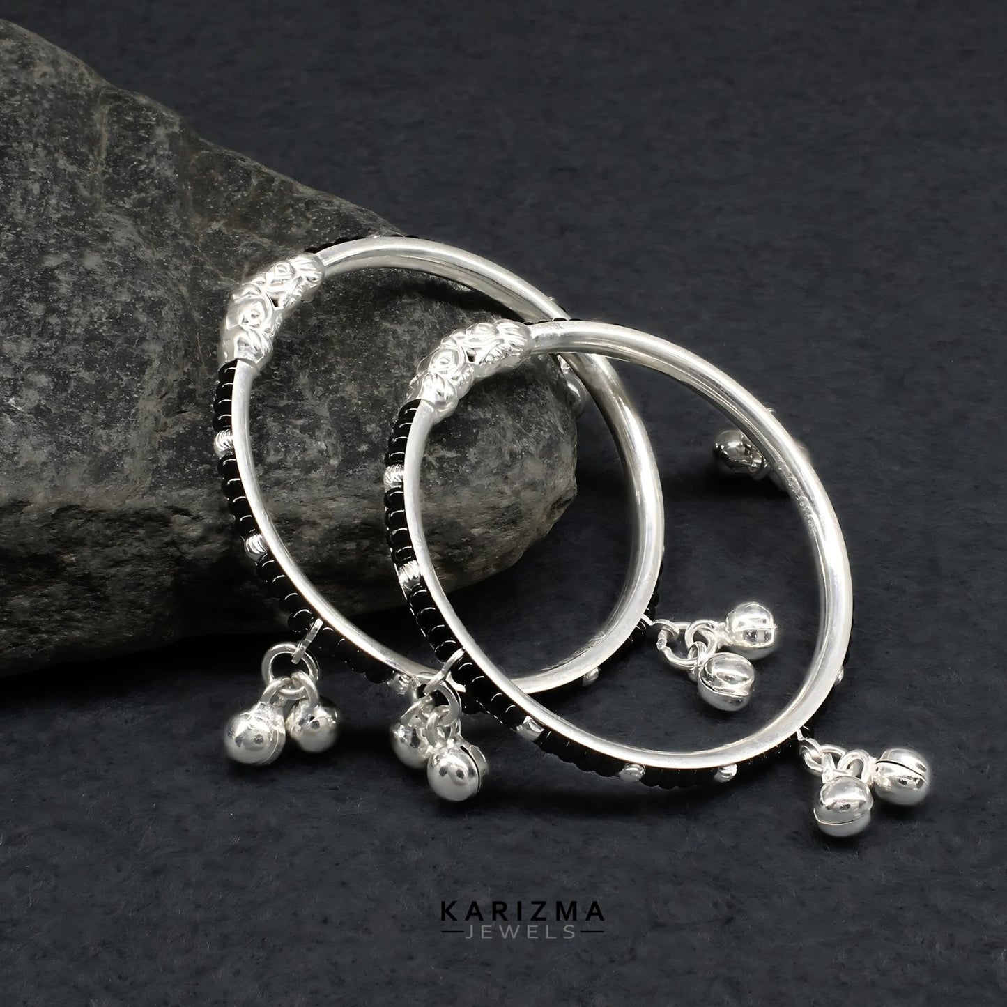 Real Silver handmade Black Beads Nazariya kids Bangles Bracelet With Jingle Bells - Pair