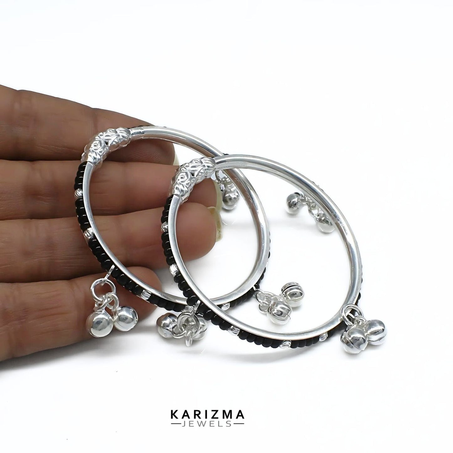 Real Silver handmade Black Beads Nazariya kids Bangles Bracelet With Jingle Bells - Pair