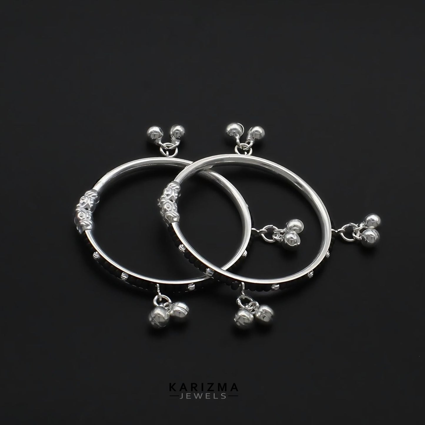 Real Silver handmade Black Beads Nazariya kids Bangles Bracelet With Jingle Bells - Pair