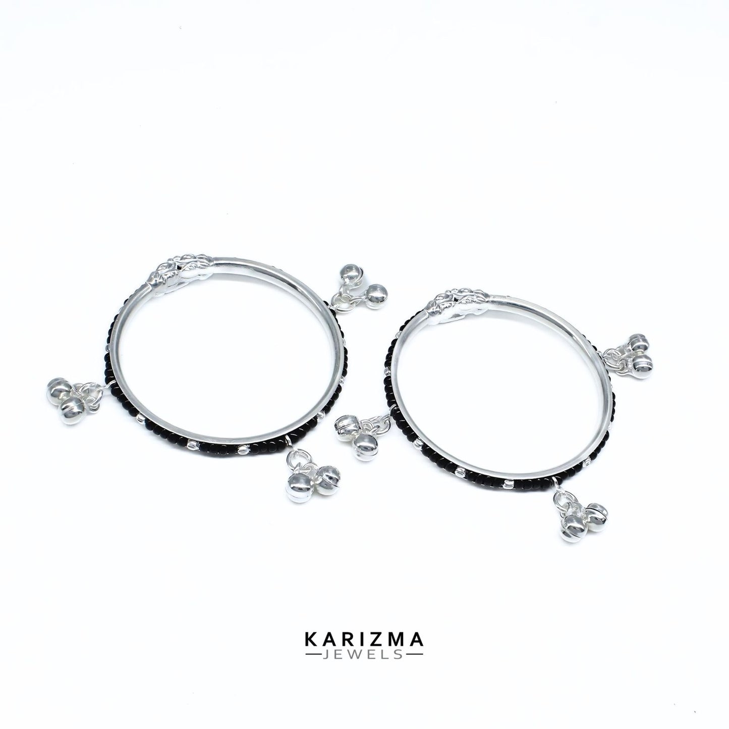 Real Silver handmade Black Beads Nazariya kids Bangles Bracelet With Jingle Bells - Pair