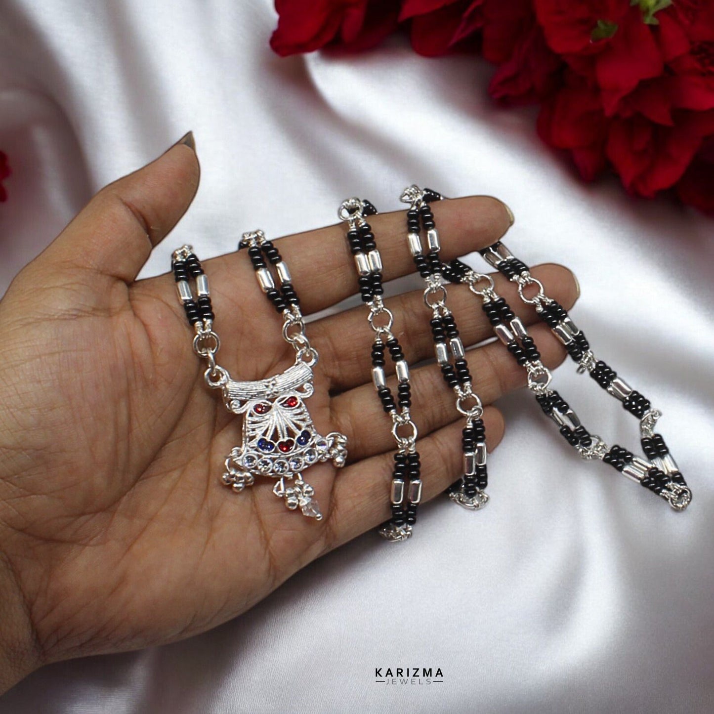 Real Sterling Silver gifting party wear Black Beads Mangalsutra women chain for wife