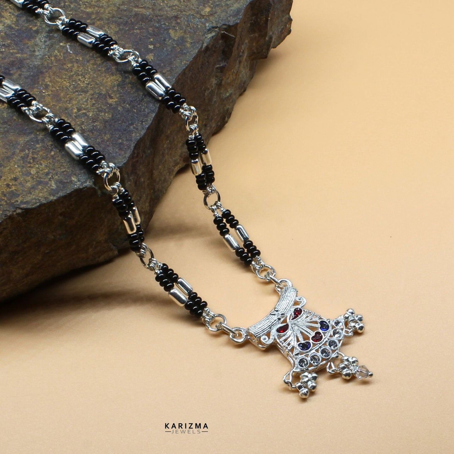Real Sterling Silver gifting party wear Black Beads Mangalsutra women chain for wife
