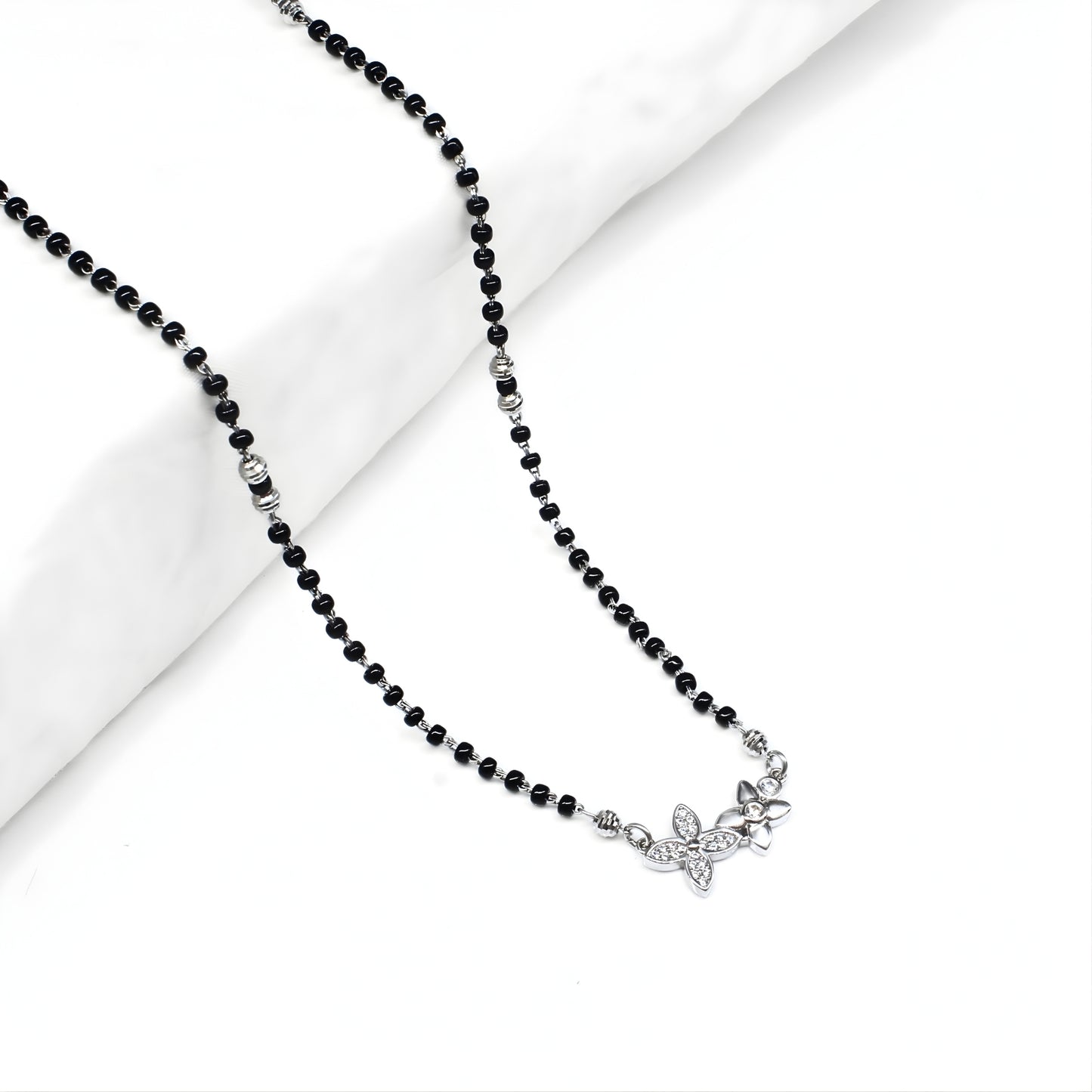 Latest design 925 Sterling Silver Flower CZ Mangalsutra Black Bead Necklace