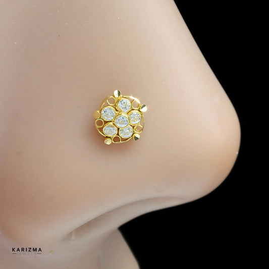 18K Real Gold Indian Women White CZ Floral pretty gifts Nose pin nose ring Push Pin