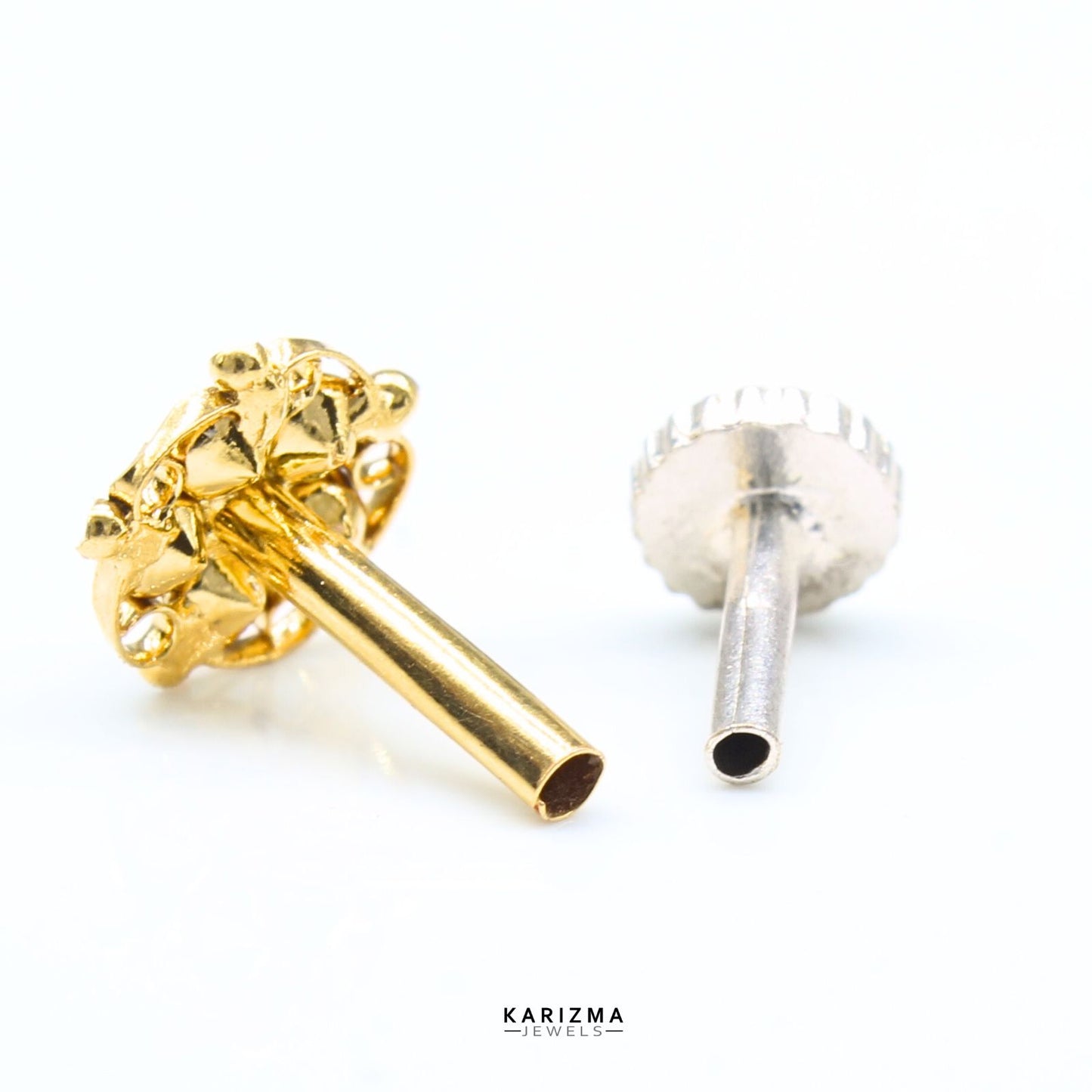 18K Real Gold Indian Women White CZ Floral pretty gifts Nose pin nose ring Push Pin