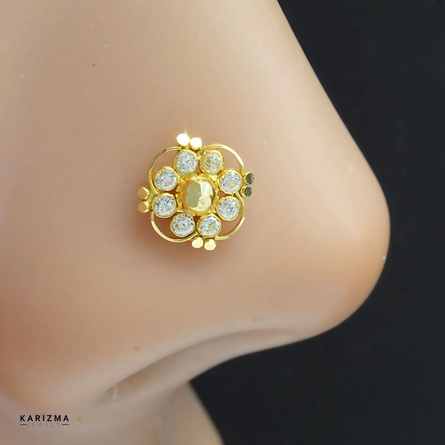 18K Real Gold Indian Women White CZ Floral fabulous Nose pin nose ring Push Pin