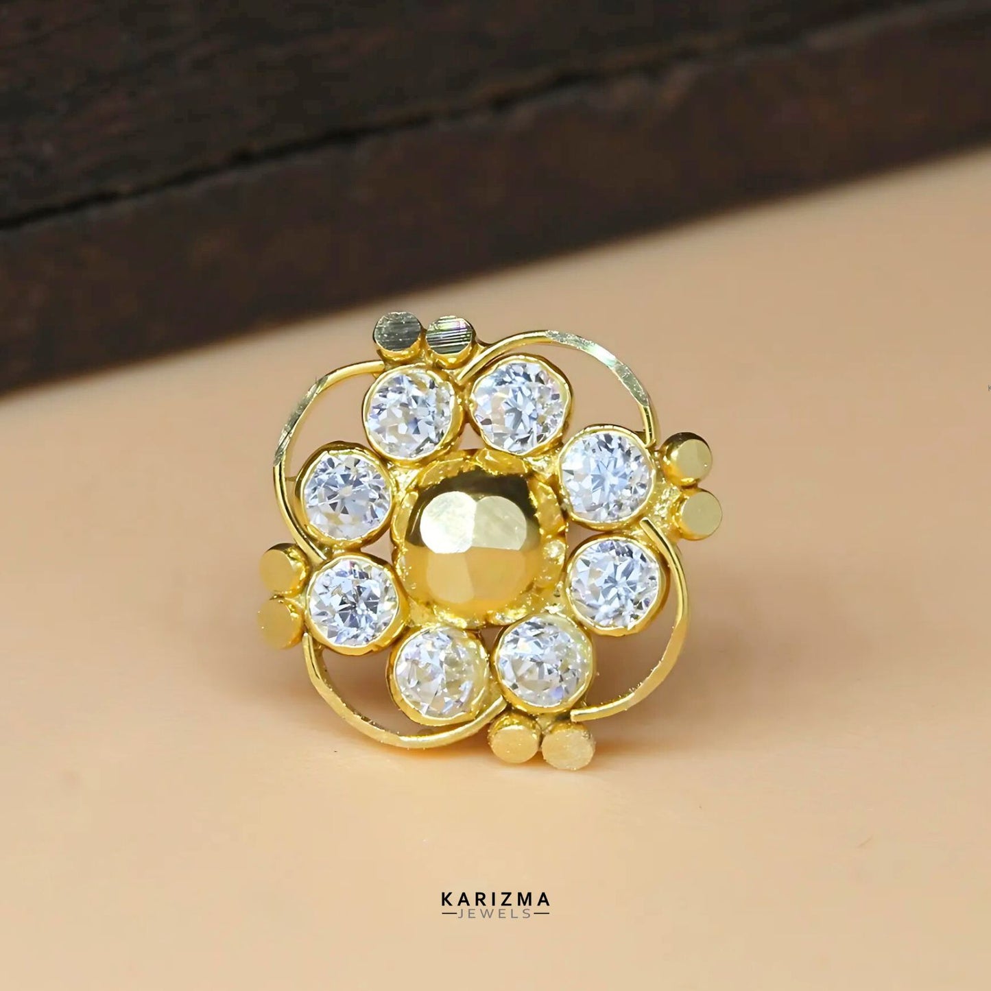 18K Real Gold Indian Women White CZ Floral fabulous Nose pin nose ring Push Pin