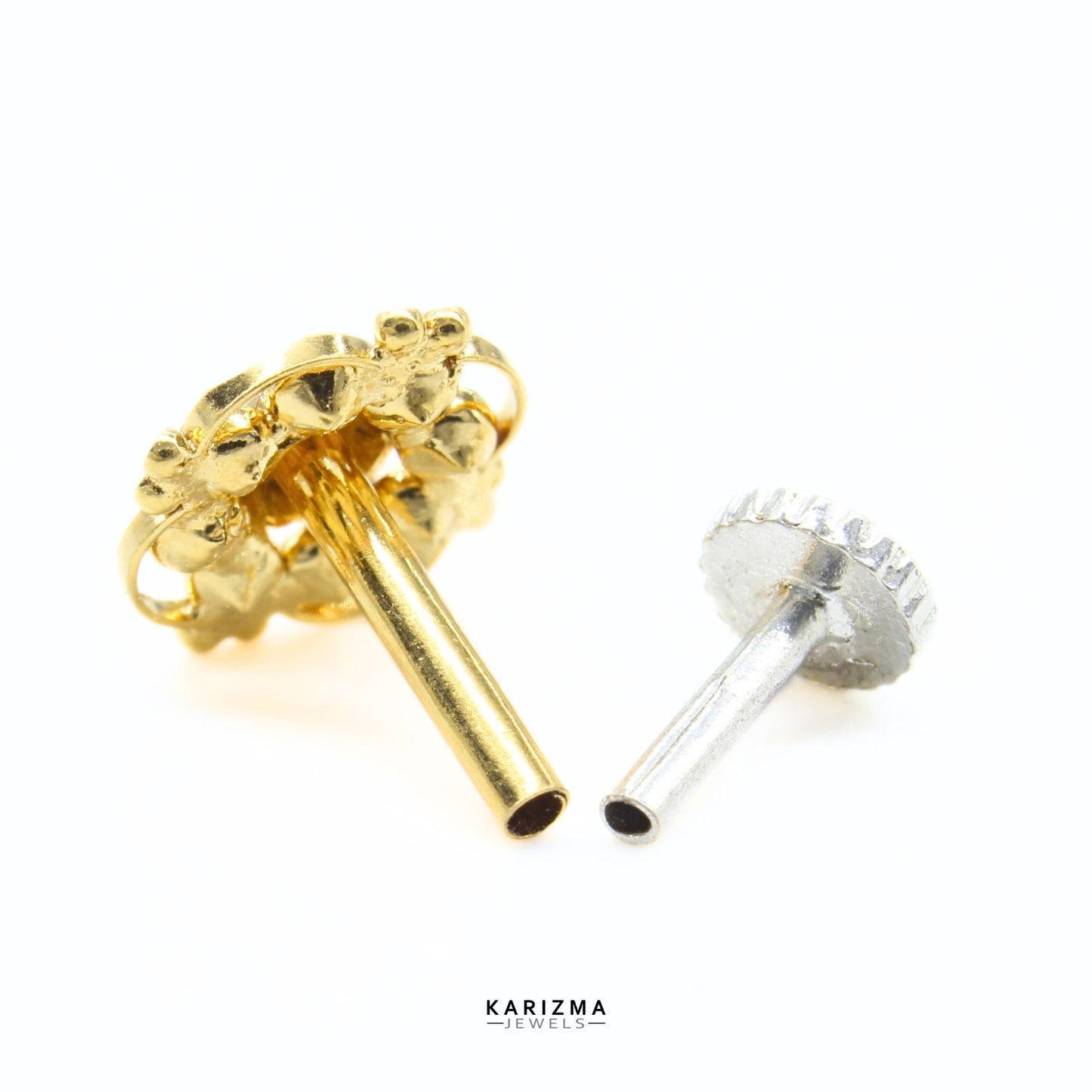 18K Real Gold Indian Women White CZ Floral fabulous Nose pin nose ring Push Pin