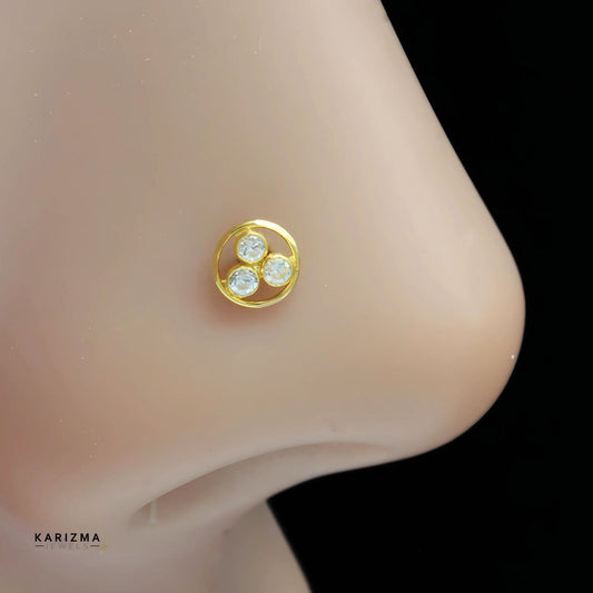 Small 18K Real Gold Indian Women White CZ gifting Nose pin nose ring Push Pin