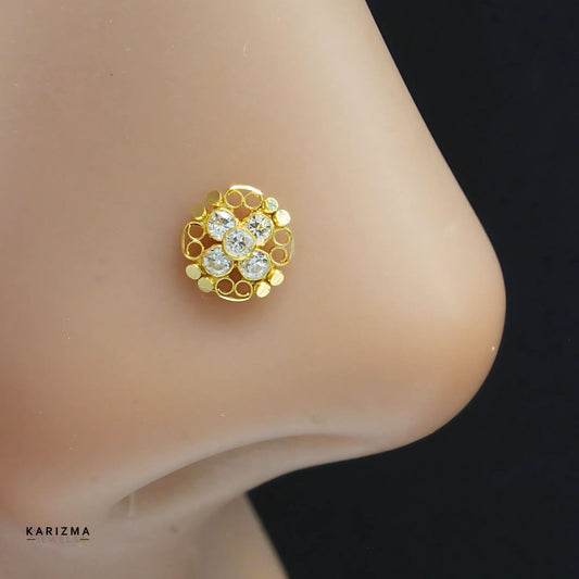 18K Real Gold Indian Women White CZ floral style Nose Pin nose ring Push Pin