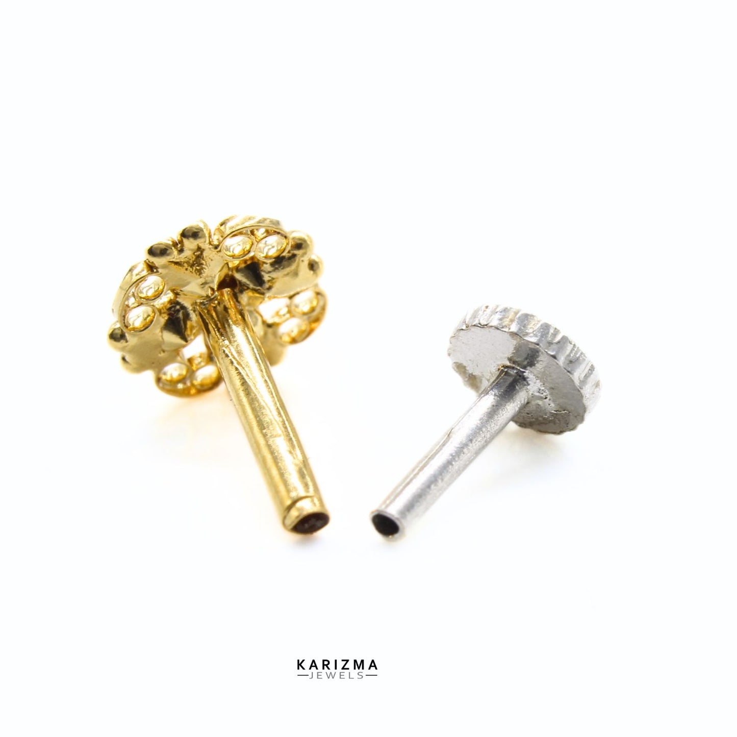 18K Real Gold Indian Women White CZ floral style Nose Pin nose ring Push Pin