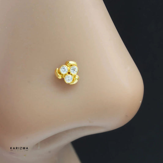 Tiny 18K Real Gold Indian Women White CZ floral Nose Pin nose ring Push Pin