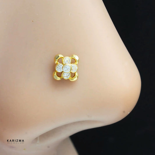 18K Real Gold Indian Women White CZ square Nose pin nose ring Push Pin
