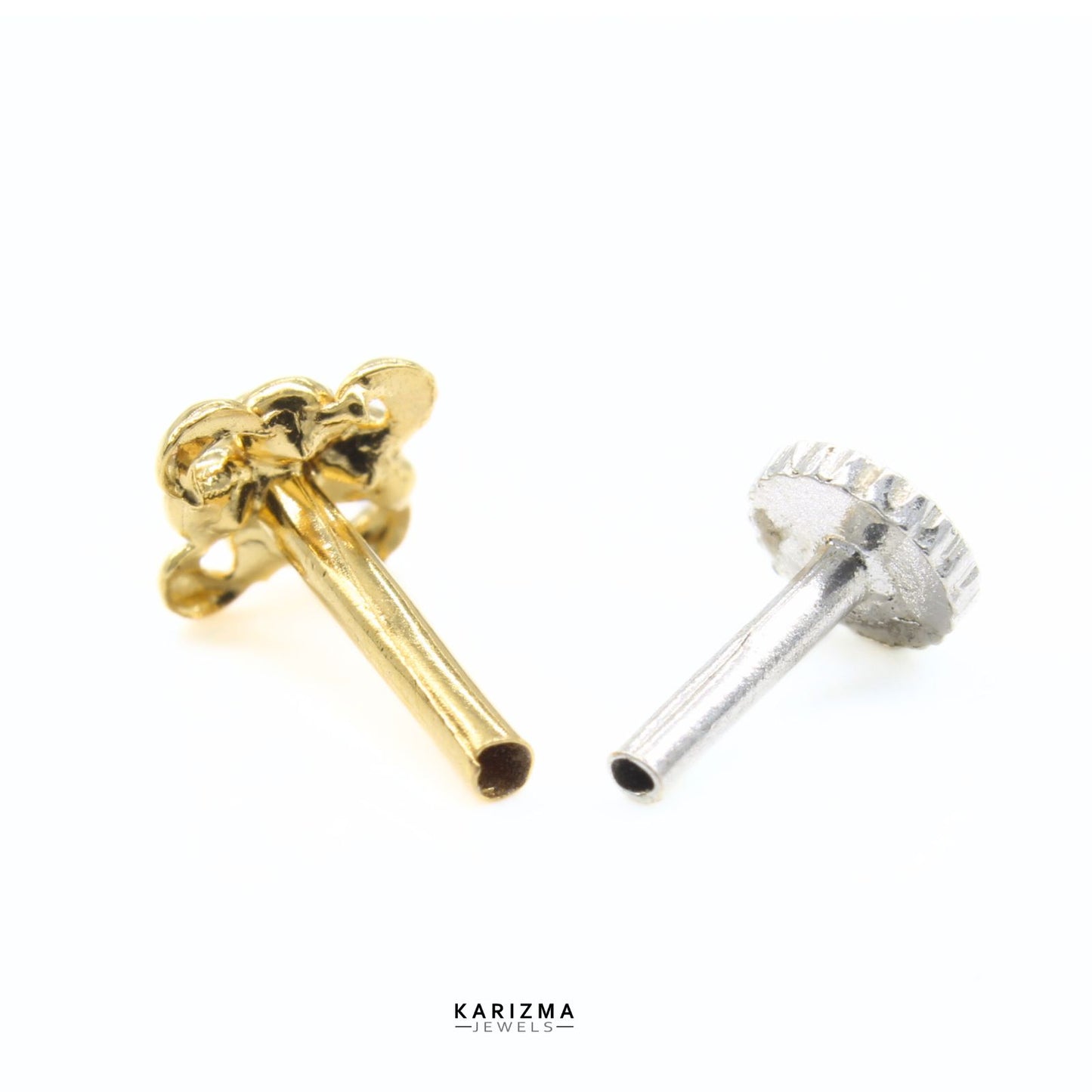 18K Real Gold Indian Women White CZ square Nose pin nose ring Push Pin