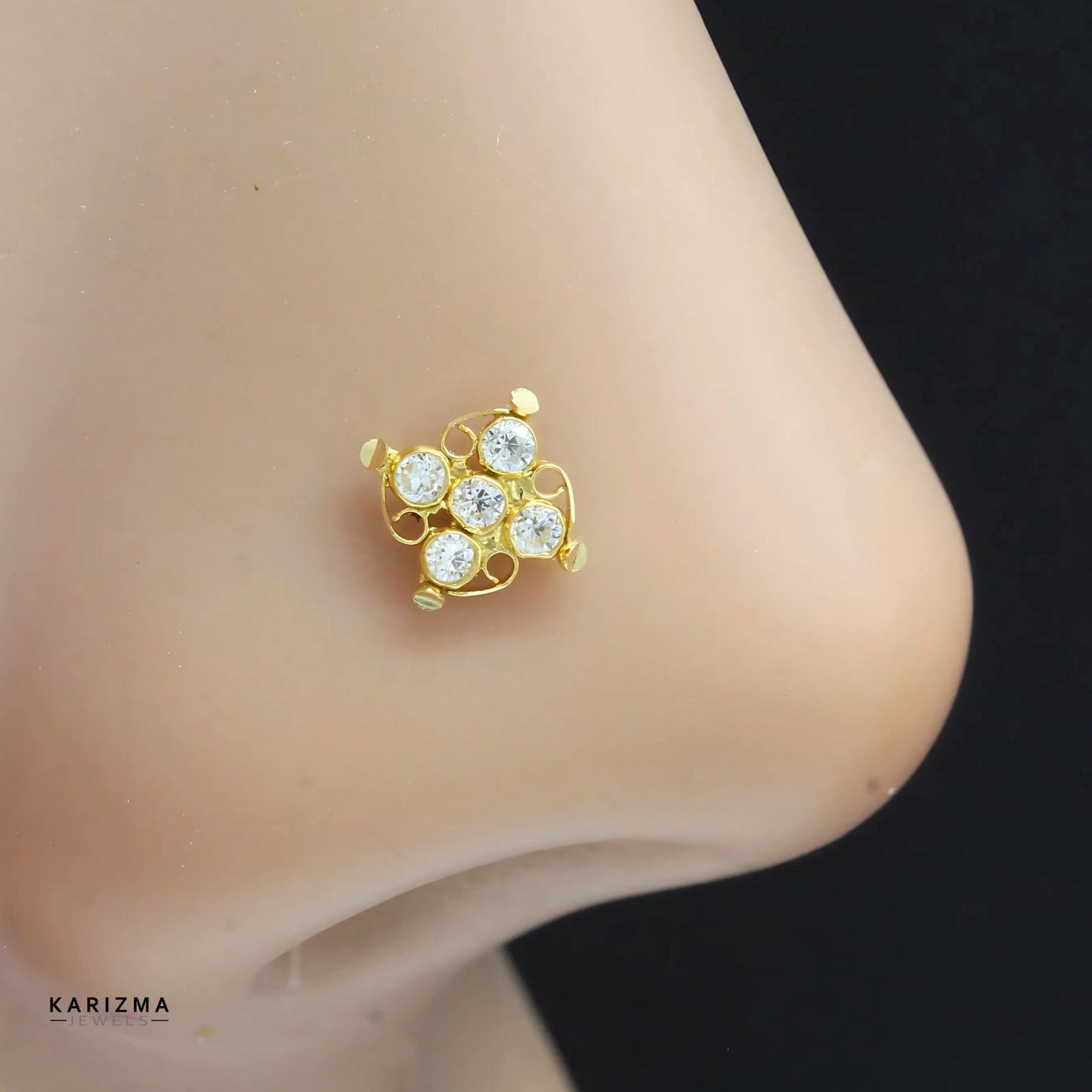 18K Real Gold Indian Women White CZ square Nose pin nose ring Push Pin