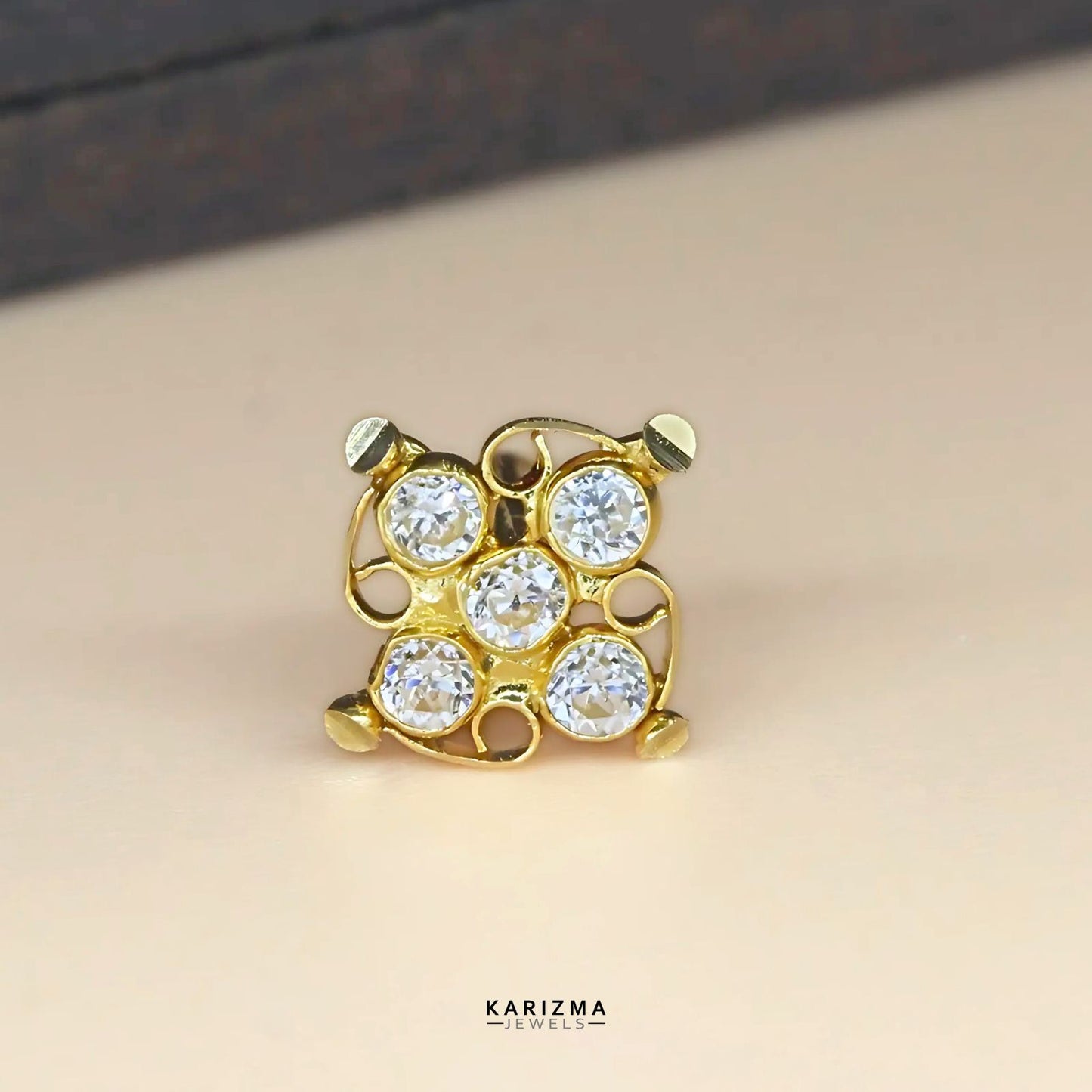 18K Real Gold Indian Women White CZ square Nose pin nose ring Push Pin