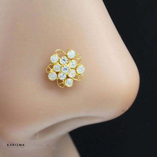 Ethnic 18K Real Gold Indian Women handmade White CZ Nose pin nose ring Push Pin