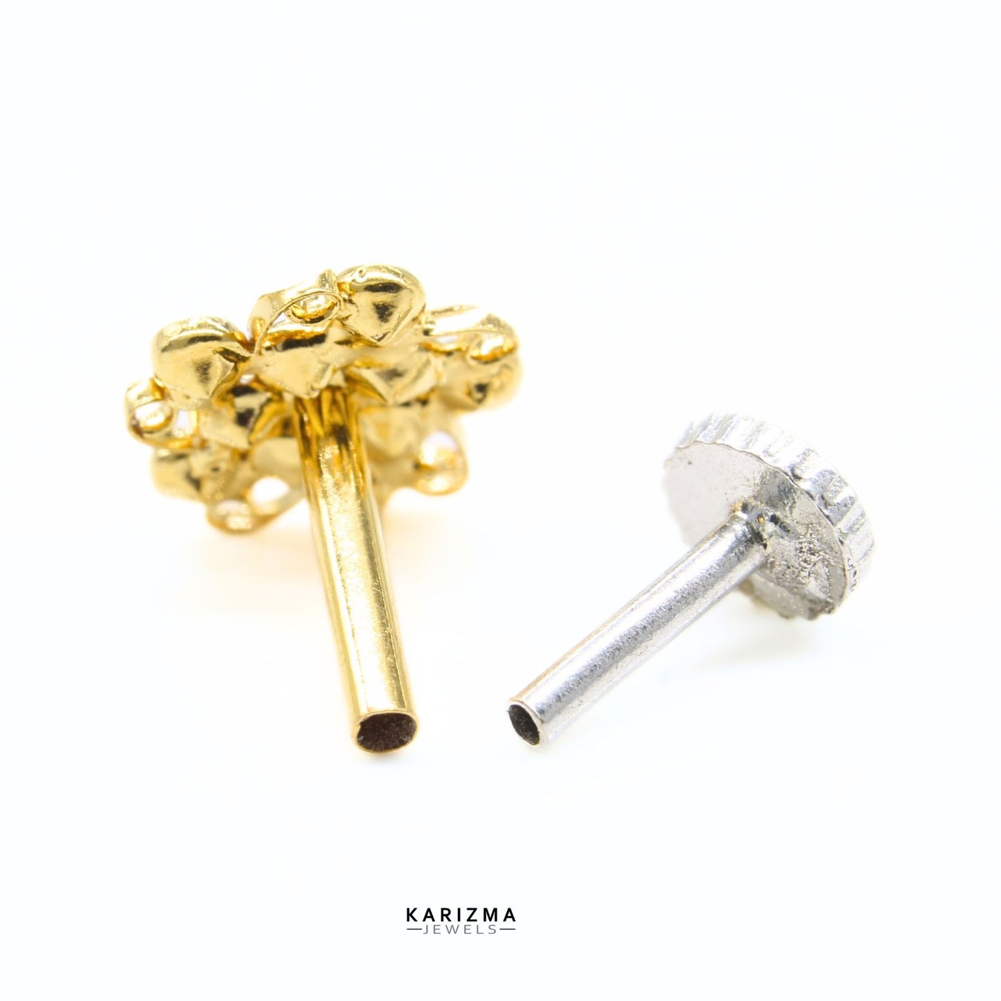 Ethnic 18K Real Gold Indian Women handmade White CZ Nose pin nose ring Push Pin