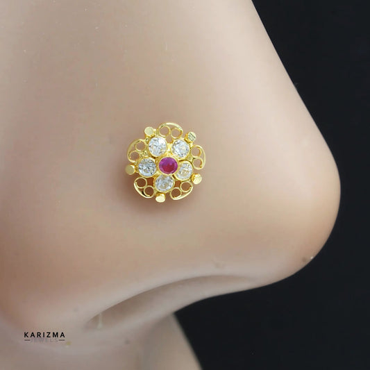 Excellent 18K Real Gold Indian Women Pink White CZ Nose stud nose ring Push Pin