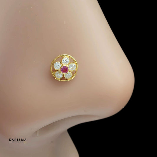 18K Real Gold Indian Women Pink White CZ gifting Nose pin nose ring Push Pin