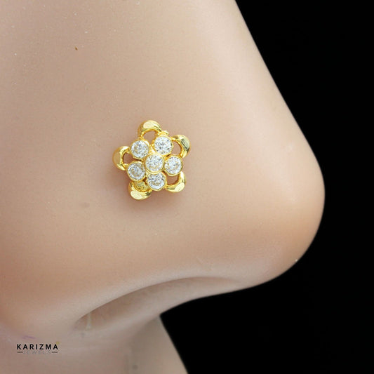 18K Real Gold Indian Women White CZ floral Nose pin nose ring Push Pin