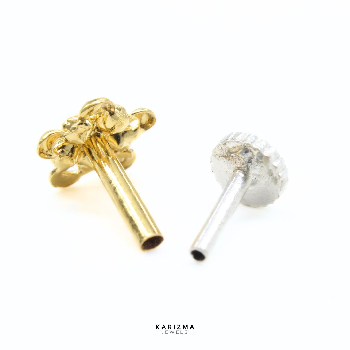 18K Real Gold Indian Women White CZ floral Nose pin nose ring Push Pin