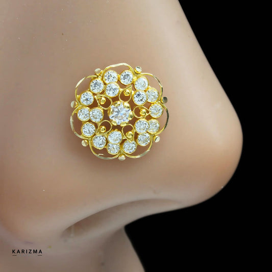 18K Real Gold Indian Women White CZ designer party wear Nose pin nose ring Push Pin