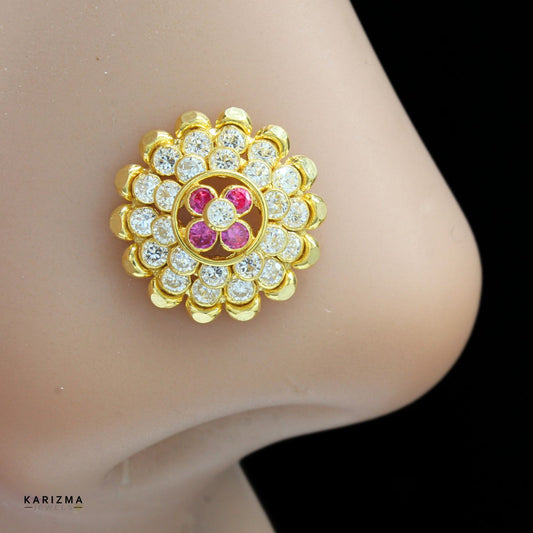 18K Real Gold Indian Women Pink White CZ Bridle Nose pin nose ring Push Pin