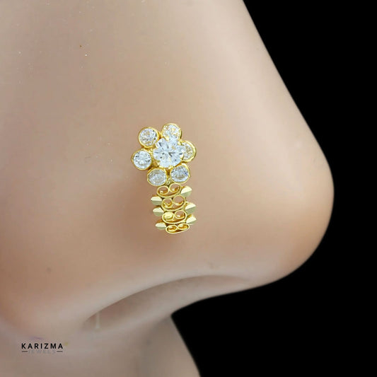Floral Vertical style 18K Real Gold Indian Women White CZ Nose pin nose ring Push Pin