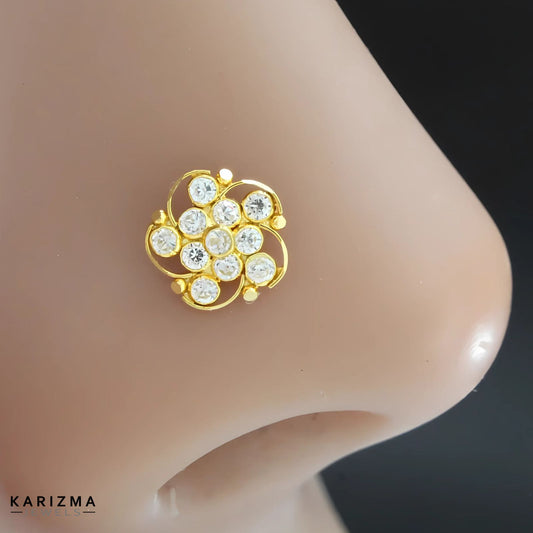 18K Real Gold Women White CZ floral Nose Pin nose ring Push Pin