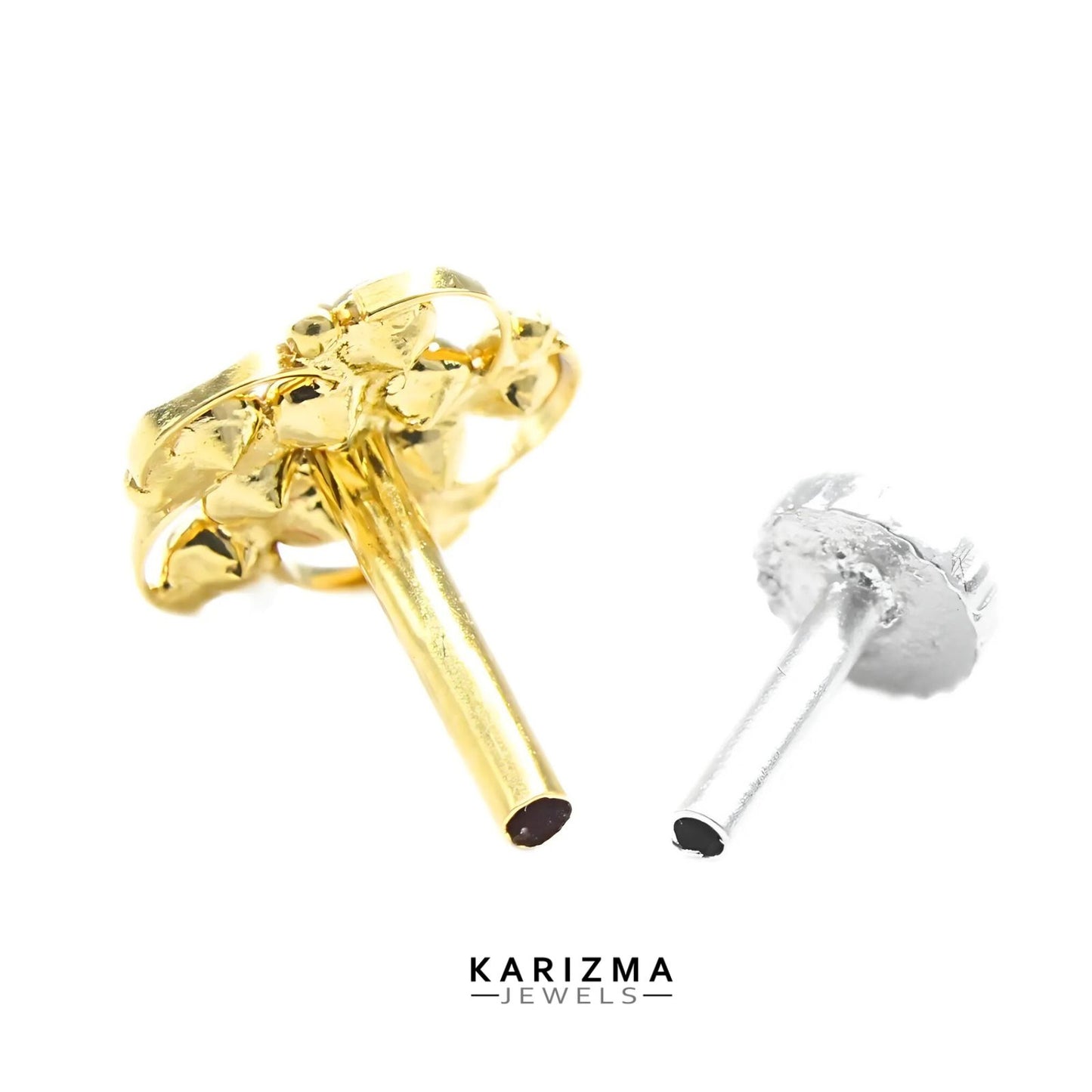 18K Real Gold Women White CZ floral Nose Pin nose ring Push Pin