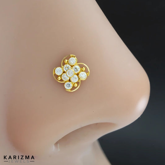 18K Real Gold Women White CZ Nose Pin nose ring Push Pin
