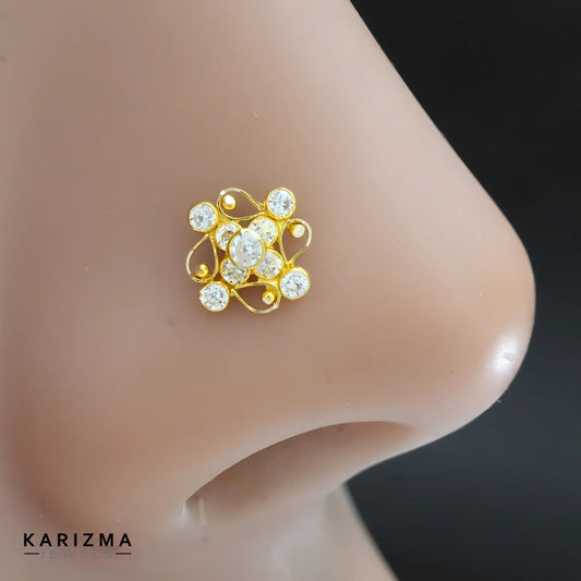 18K Real Gold Women White CZ fabulous Nose Pin nose ring Push Pin