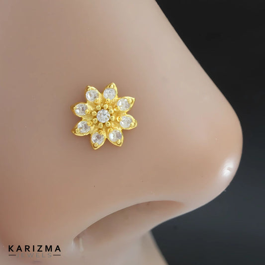 18K Real Gold Women White CZ Excellent Nose Pin nose ring Push Pin