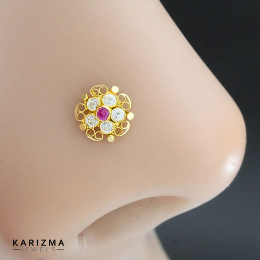 18K Real Gold Women Pink White CZ floral design Nose Pin nose ring Push Pin