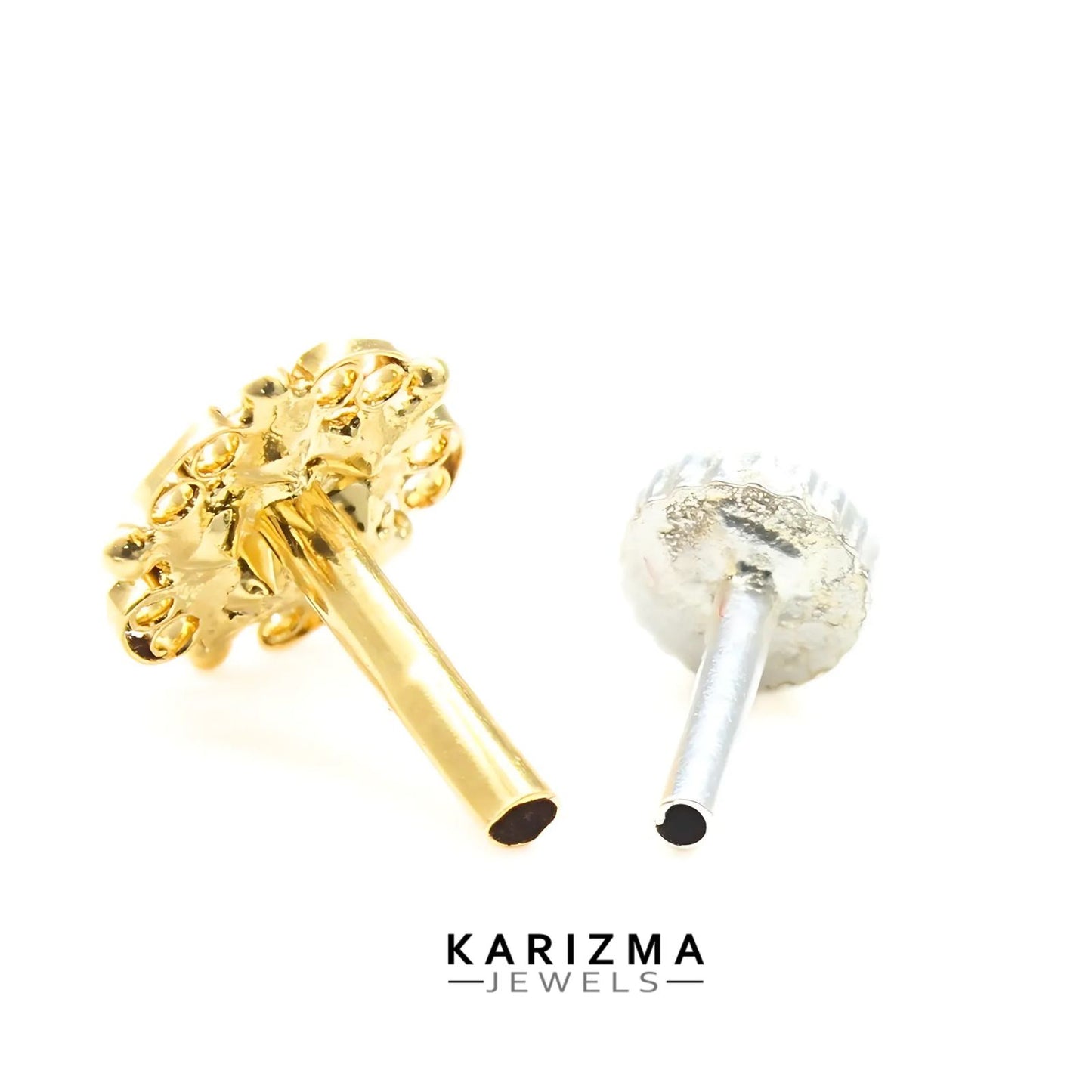 18K Real Gold Women Pink White CZ floral design Nose Pin nose ring Push Pin