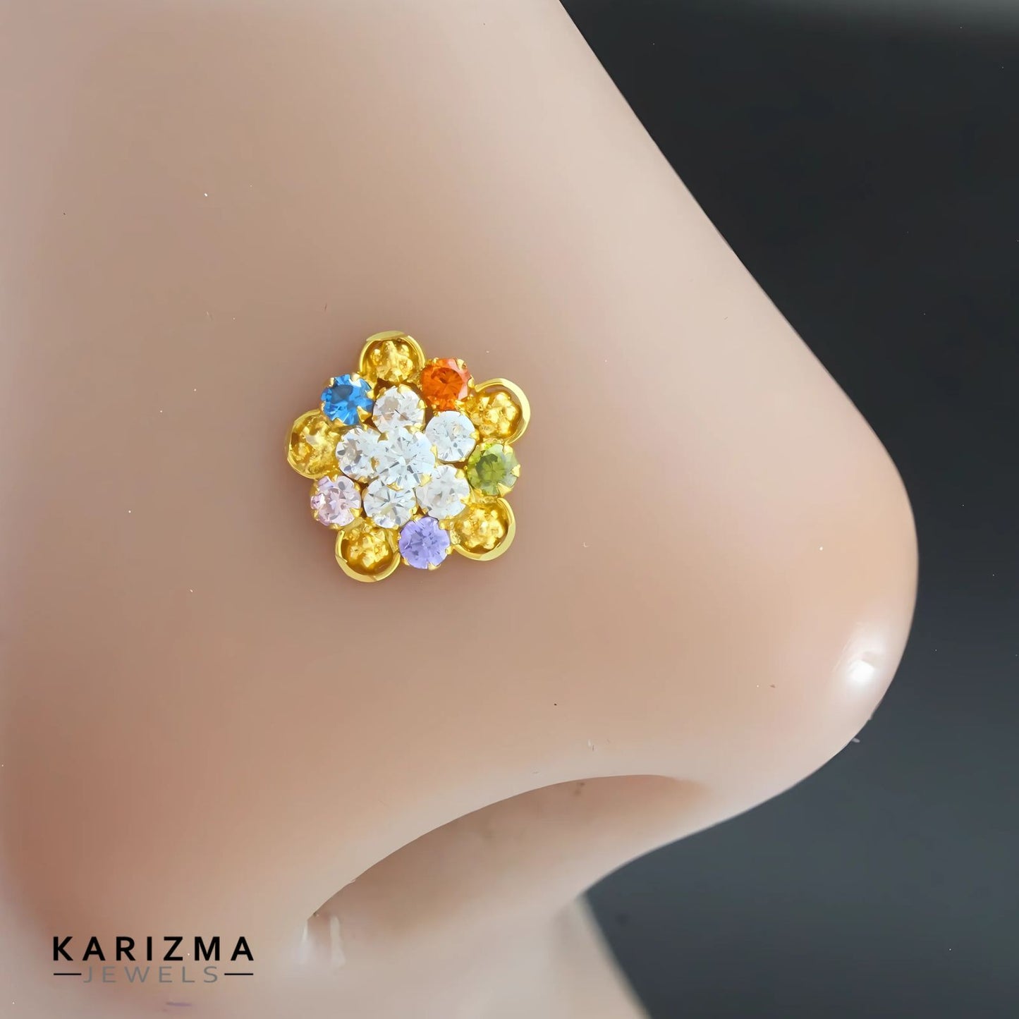 18K Real Gold Women Multicolour CZ Excellent Nose Pin nose ring Push Pin